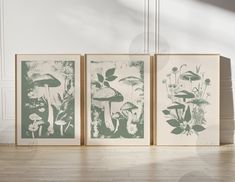 three framed art prints with flowers and mushrooms in them on a wooden floor next to a white wall