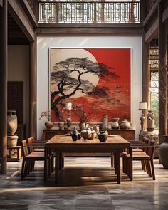 Moody Asian Interior, Chinese Inspired Living Room, Modern Orientalism, Interior Types, Kitchen Japanese Style, Chinese Dining Room, Asian Inspired Living Room, Japanese Dining Room, Modern Chinese Interior