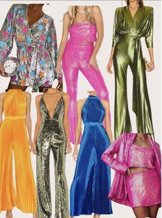 six different styles of women's jumpsuits in various colors