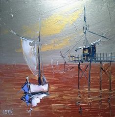 an oil painting of a boat in the water