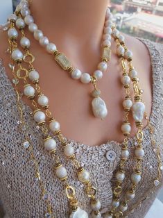 Unique Baroque Pearl Multistrand Necklace for Women,big Beaded Jewelry Wedding, Bridal Necklace, Anniversary Gift for Her,mothers Day Gift - Etsy Gold Double Strand Pearl Necklace With Gemstone Beads, Double Strand Gold Pearl Necklace With Gemstone Beads, Elegant Multi-strand Gold Beaded Necklaces, Luxury Multi-strand Pearl Necklace As Gift, Handmade Luxury Gold Beaded Necklaces, Luxury Handmade Gold Beaded Necklaces, Elegant Beaded Necklace With Round Beads, Handmade Gold Multi-strand Pearl Necklace, Elegant Gold Beaded Necklaces With Gemstone