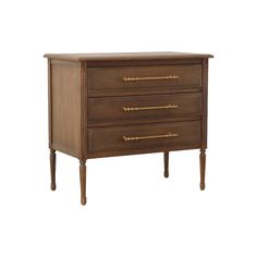 a wooden dresser with three drawers on one side and two brass pulls on the other