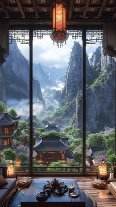 Rustic Chinese-Style House Interior with a View of a Mountain Village Chinese Village House, China Village Aesthetic, Chinese House Design, Ancient Chinese Room, Chinese Villa, Ancient Chinese Village Art, Cyberpunk Building, Chinese Mountain Village, Chinese Tea House