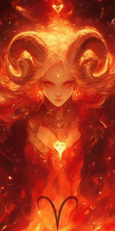 a woman with horns and fire in her hair is surrounded by fiery red, orange and yellow flames