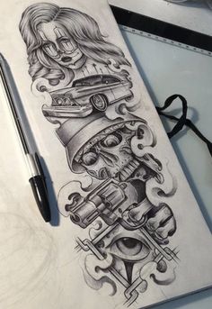 a pencil drawing of a woman's face and car engine on a piece of paper