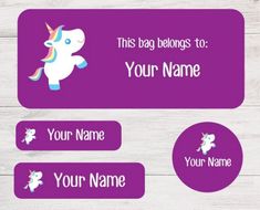 purple unicorn name tags on wooden background with white wood grained flooring and text that says, this bag belongs to your name