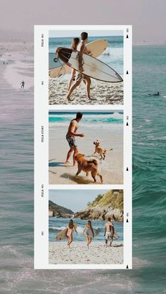 three pictures of people and their dogs at the beach with surfboards in hand, one is holding a surfboard