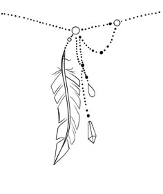 a black and white drawing of a feather with beads