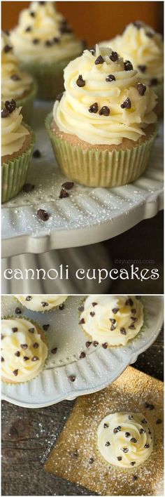 cupcakes with white frosting and chocolate chips on top sitting on a plate