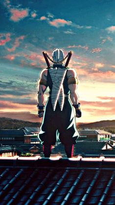 an anime character standing on top of a roof