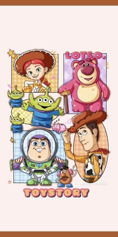 an image of toy story characters on a pink background with the word toy story written below it