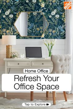 a desk with a laptop on it and the words, home office refresh your office space