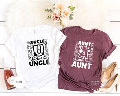 Celebrate the special announcement with our Aunt and Uncle Gift Shirt! Perfect for new aunts, uncles, or those eagerly awaiting a new family member, this tee makes a memorable baby reveal announcement. Available in various sizes to fit every excited family member! PLEASE READ BEFORE ORDERING * Please note that all products are custom made for each customer with different size and colors, and we are unable to re-sell custom made products when returned.  * Due to this reason, we unfortunately cann Promoted To Uncle, Promoted To Aunt, Uncle Tshirt, New Aunt, Uncle Gifts, Matching Tees, Baby Reveal, Family Matching, Family Members