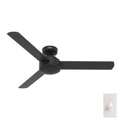 a black ceiling fan sitting on top of a white wall next to a light switch