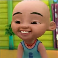 a close up of a cartoon character wearing a blue shirt and smiling at the camera