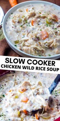 two pictures of slow cooker chicken wild rice soup with carrots and celery