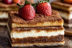 two slices of cake with strawberries on top