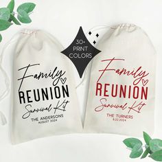 two drawstring bags with the words family reunion printed on them next to some green leaves