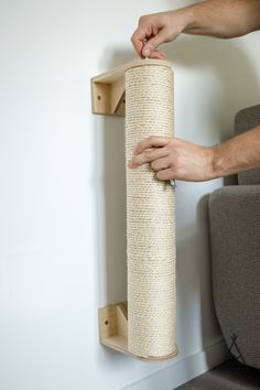 a person holding a cat scratching post on the wall