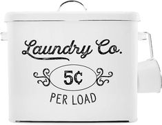 a white lunch box with the words laundry co per load printed on it's side