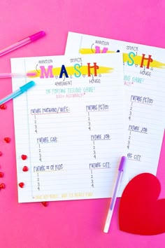 two personalized valentine's day games on top of a pink background with hearts and pencils