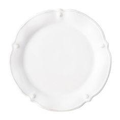 an empty white plate with beading on the rim and bottom, against a white background