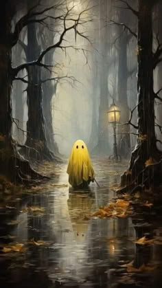 a painting of a yellow ghost in the middle of a swampy area with trees