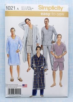 "Simplicity 1021 is a Men's easy to sew pattern for a Robe and Nightshirt or Pajamas in two lengths, Uncut/FF. Men's Sizes XS to XL.  This easy-to-sew loungewear pattern for men includes long robe, shirt, top with short or long sleeves and pocket plus pull-on bottom in long or short. NOTE: if used as sleepwear, use fabrics and trims that meet the flammability standards set by the U.S. Government. Body Measurements: Chest:  30\" to 48\" Hip:  31\" to 49\" Pattern envelope has minor folds/tears due to age/storage (see pictures).  Pattern sheets are uncut. This is for a sewing pattern only, not a completed item. Pattern is protected in a plastic sleeve. I use padded envelopes and place cardboard in each one for safe and secure shipping. Patterns come from a smoke free home." Sleep Shirt Pattern, Nightshirt Pattern, Barbiecore Outfit, Pattern Sheets, Short Note, Paper Sewing Patterns, Easy To Sew, Simplicity Sewing, Simplicity Sewing Patterns