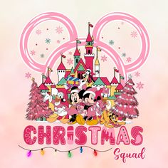 a pink christmas card with mickey mouse and friends in front of a castle surrounded by snowflakes