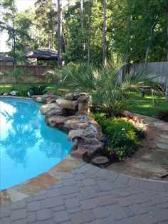 a small pool surrounded by landscaping and trees