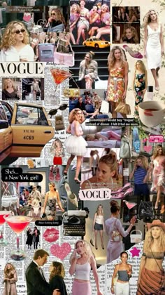 the collage has many different pictures and words on it, including women's clothing