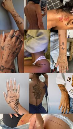 many different pictures of people with tattoos on their bodies and hands, including one woman's hand