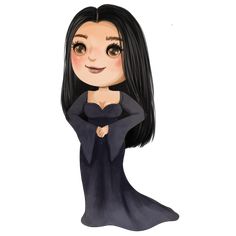 an illustration of a woman with long black hair wearing a dress and holding her arms crossed