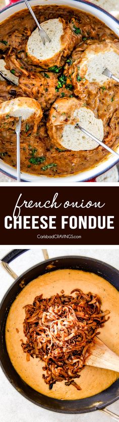 french onion cheese fondue in a skillet with bread on the side and an image of