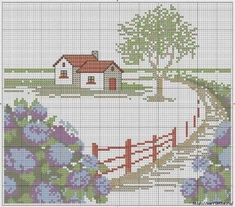 a cross stitch pattern with a house on the hill and flowers in front of it