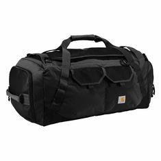 a large black duffel bag sitting on top of a white floor