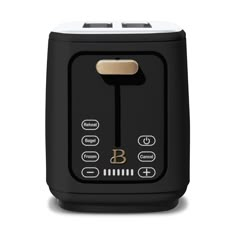 an image of a black toaster with buttons on the front and side panels open