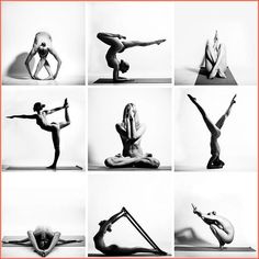 black and white photograph of woman doing yoga poses in various positions, with red border around them