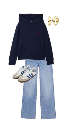 a pair of jeans, hoodie and sneakers are featured in this outfit for kids