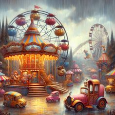 an amusement park scene with carnival rides, cars and clowns in the rain on a rainy day