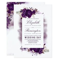 a wedding card with purple flowers on it