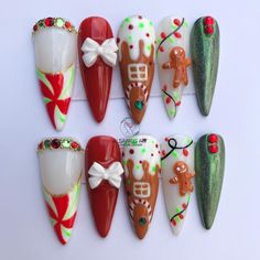 Christmas Nails Press On, Christmas Cartoon Nails, Christmas Nails Extra, Gingerbread House Nails, Crazy Christmas Nails, Extra Christmas Nails, 3d Christmas Nails, Pastel Christmas Nails, Christmas Nails Long