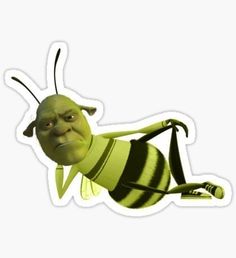 a green and black striped insect sticker sitting on top of a white surface with one eye open