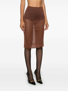 Pencil Midi Skirt, Winter 2025, Planet People, Pencil Silhouette, Knit Pencil Skirt, Silk Knit, Paris Woman, Wardrobe Edit, Brown Silk