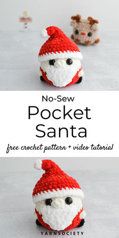 A crochet Santa with a fluffy white beard, a classic Santa suit and a jolly red hat. Crochet Santa Hat Free Pattern, Pocket Friend, Santa Crochet, Crochet Santa Hat, Crochet Keychains, Crochet Mobile, Crochet Eyes, Free Yarn