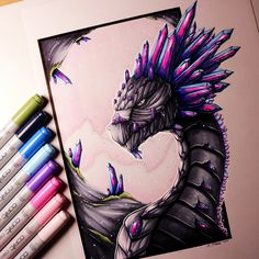 a drawing of a dragon with purple feathers on it's head