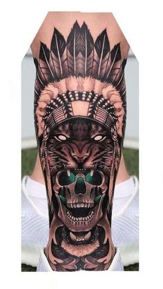 Tatoos Men Leg Ideas, Indian Skull Tattoos, Headdress Tattoo, Mayan Tattoos, Lion Tattoo Sleeves, Full Leg Tattoos, Aztec Tattoo Designs, Native Tattoos