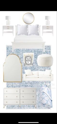 a bedroom with blue and white decor on the walls, dressers, mirror, bedding