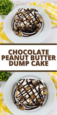 chocolate peanut butter dump cake on a white plate