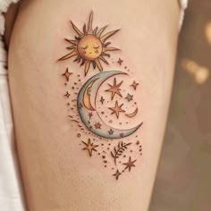 Sun And Moon Tattoo Master Files Moon Phases Tattoo Unique, Pretty First Tattoos, Funky Moon Tattoo, Whimsical Sun And Moon Tattoo, Traditional Style Moon Tattoo, Whimsical Art Tattoo, Sun Moon And Stars Tattoo Sleeve, Unique Tattoo Styles, Color Thigh Tattoos Women